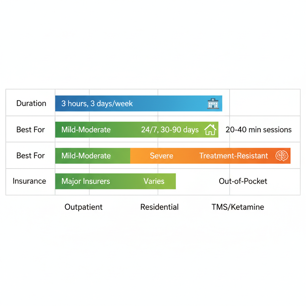 Horizontal bar chart comparing Outpatient, Residential, and TMS/Ketamine depression treatments in Boise, detailing duration, suitability, and insurance coverage.
