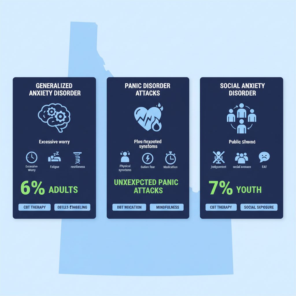 Infographic comparing Generalized Anxiety Disorder, Panic Disorder, and Social Anxiety Disorder with symptoms, prevalence rates, and outpatient treatments in Boise Idaho