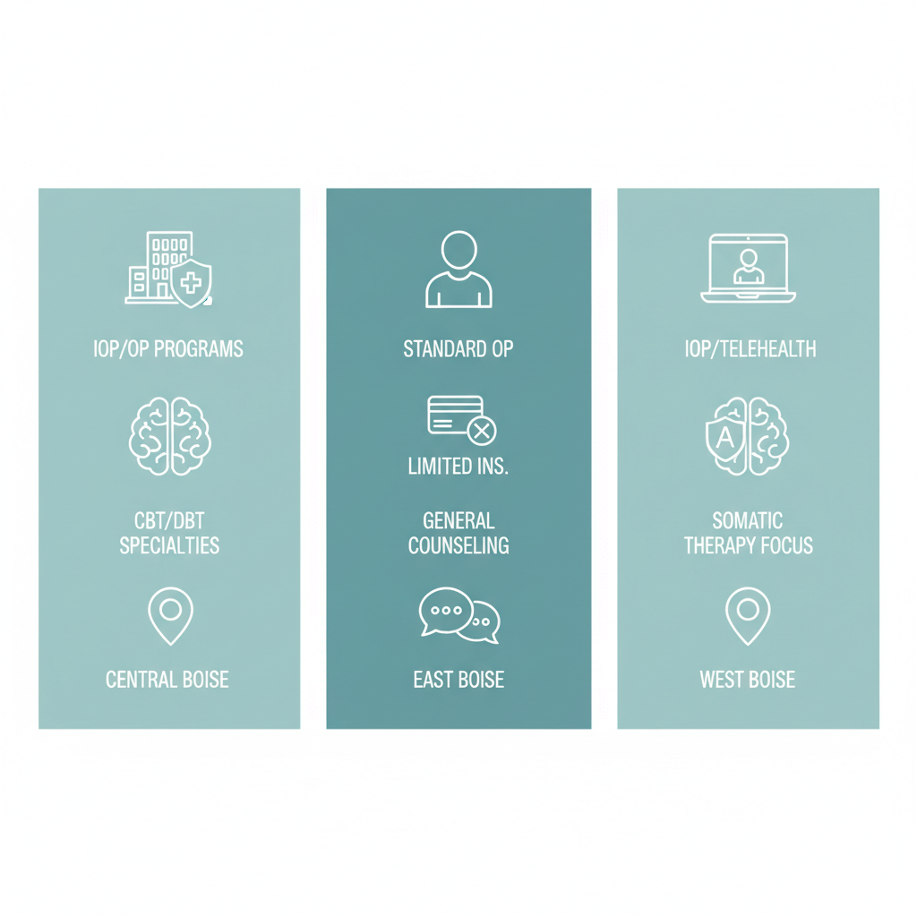 Infographic comparing key features of anxiety treatment providers in Boise, including Recovery Ways Idaho.