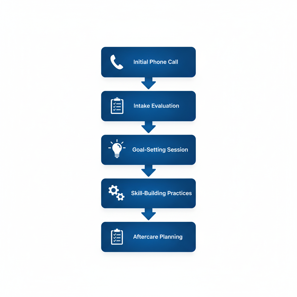 Vertical process flow diagram illustrating five steps to start anxiety treatment: phone call, intake, goal-setting, skill-building, and aftercare planning.