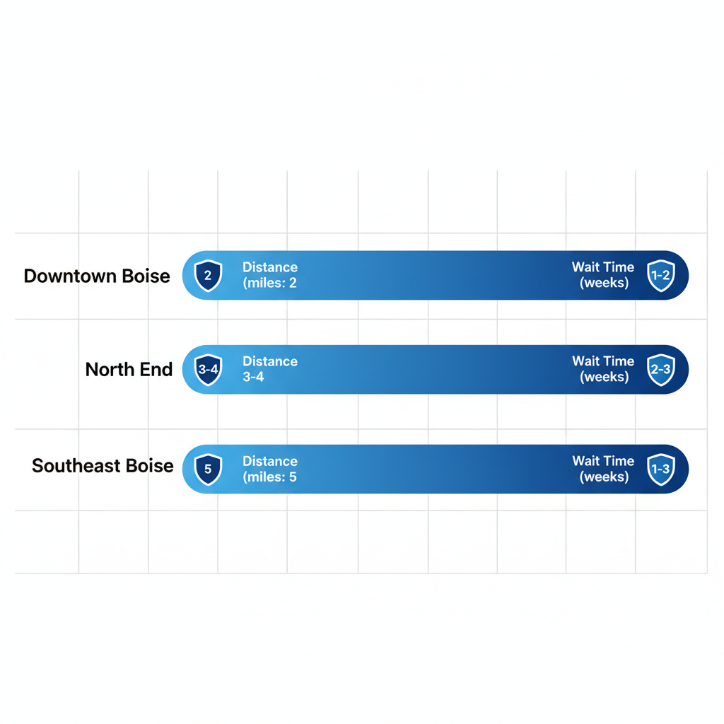 Horizontal bar chart showing medication management access distances and wait times in Boise neighborhoods