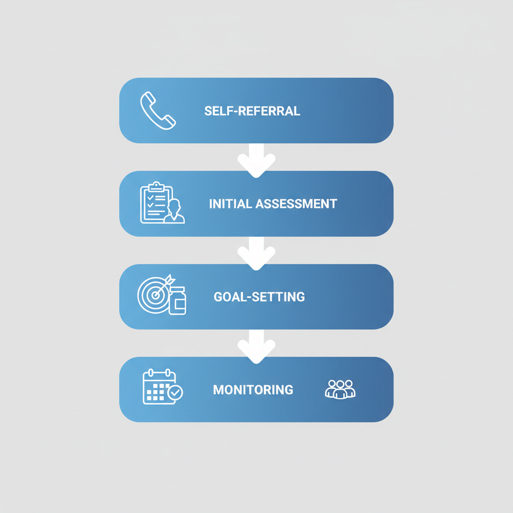 Vertical process flow diagram showing four steps to begin medication management at Recovery Ways Idaho, including self-referral, assessment, goal-setting, and monitoring.