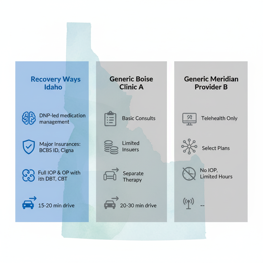 Infographic comparing mental health providers in Meridian, Idaho, featuring Recovery Ways Idaho advantages.