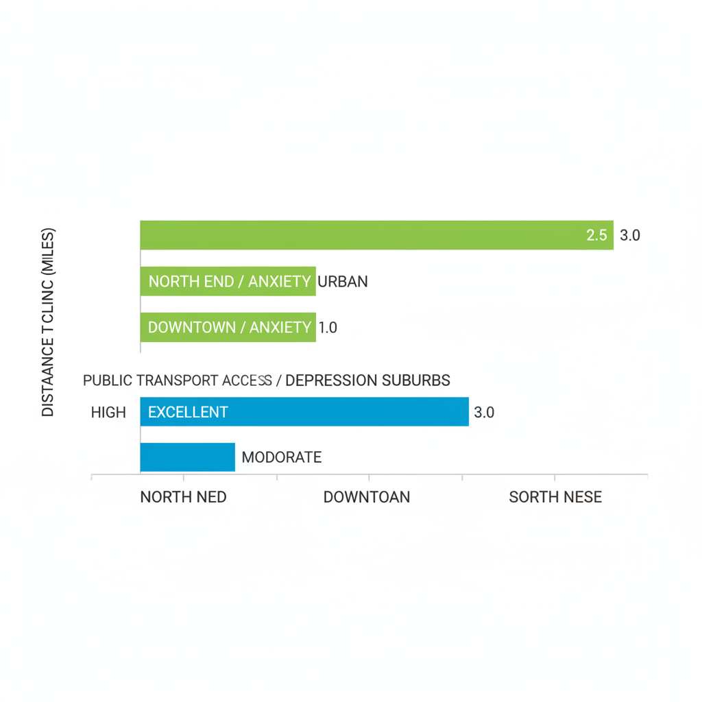 Horizontal bar chart comparing distances from Boise neighborhoods to mental health clinic and public transport access ratings.