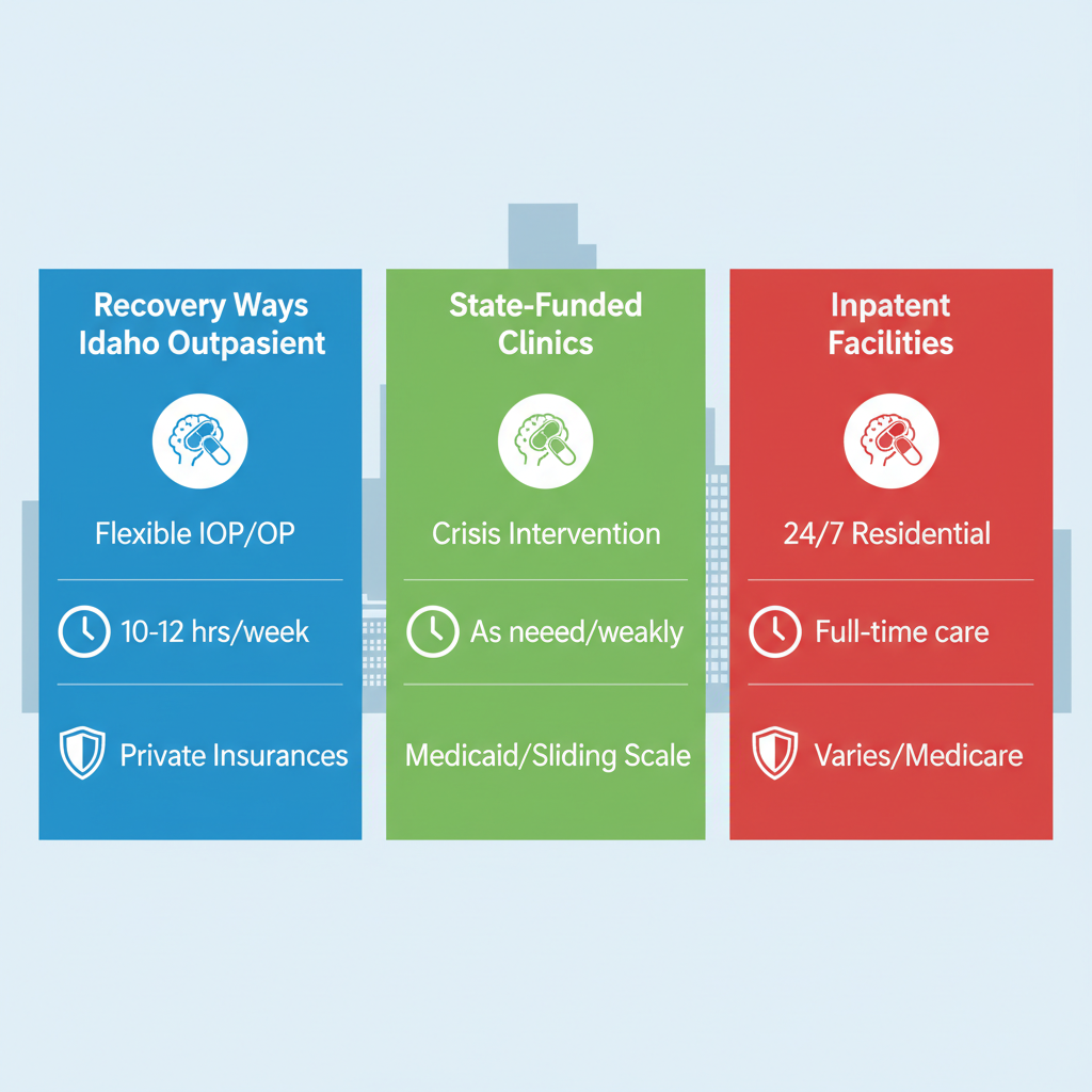 Infographic comparing behavioral health resources: outpatient at Recovery Ways Idaho, state-funded clinics, and inpatient facilities in Boise, Idaho.
