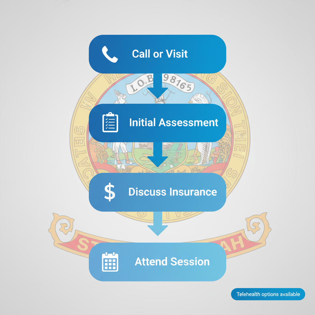 Vertical process flow diagram showing four steps to begin behavioral health care at Recovery Ways Idaho, including icons for calling, assessment, insurance, and attending sessions.