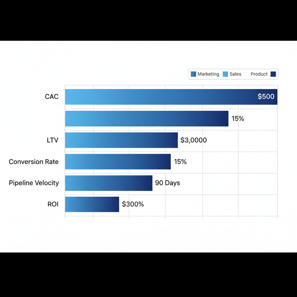 Horizontal bar chart illustrating essential KPIs for B2B demand generation including CAC, LTV, conversion rate, pipeline velocity, and ROI with sample values.