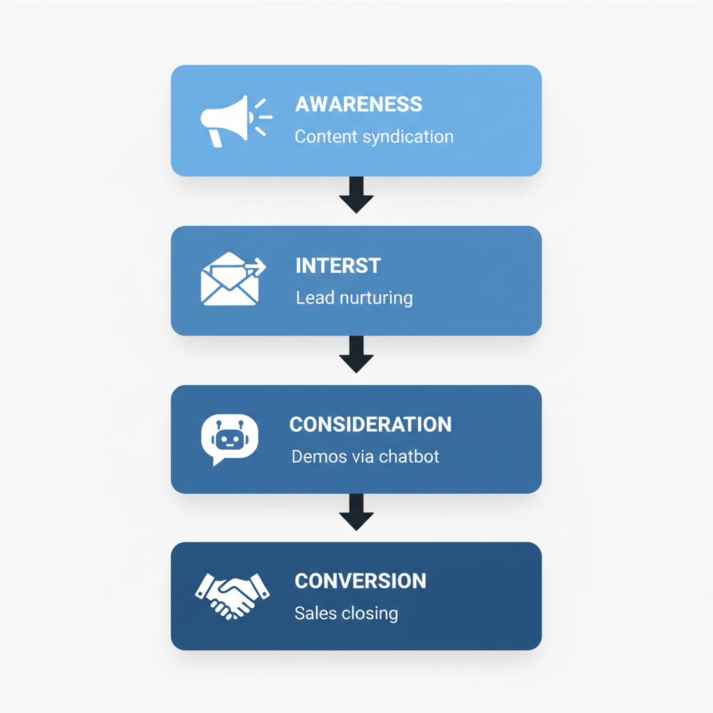 Vertical process flow illustration of B2B SaaS demand funnel stages including awareness, interest, consideration, and conversion with relevant icons.