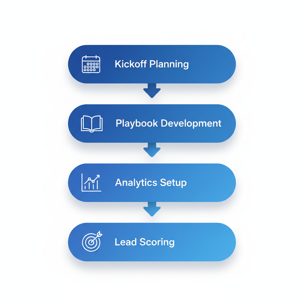 Vertical process flow diagram illustrating four key stages for building scalable GTM systems: kickoff planning, playbook development, analytics dashboards setup, and lead scoring integration.