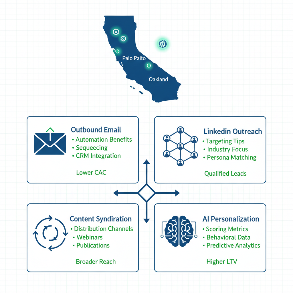 Infographic depicting B2B SaaS lead generation strategies in San Francisco, with Bay Area map and quadrants for email, LinkedIn, content, and AI methods including CAC and LTV stats