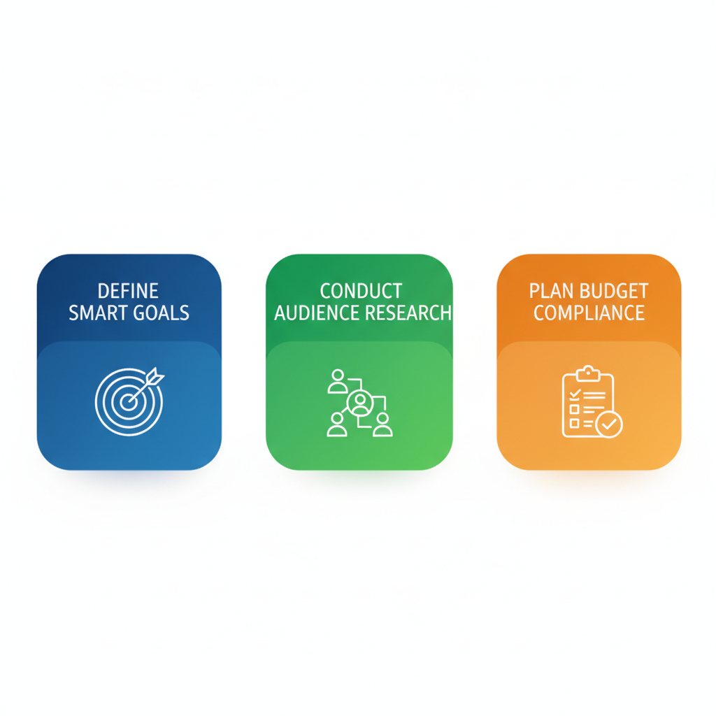 Horizontal process flow diagram illustrating key preparation steps for B2B SaaS paid advertising campaigns