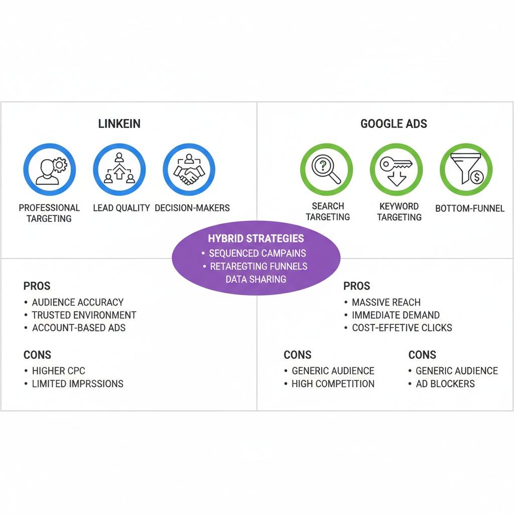 Infographic comparison of LinkedIn and Google Ads for B2B SaaS marketing channels, highlighting pros, cons, and hybrid strategies.