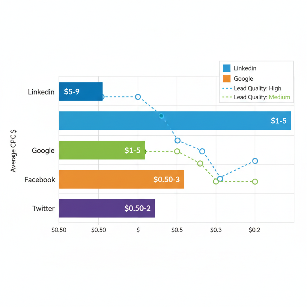 Horizontal bar chart comparing CPC costs and lead quality for B2B SaaS ad platforms LinkedIn, Google, Facebook, and Twitter.