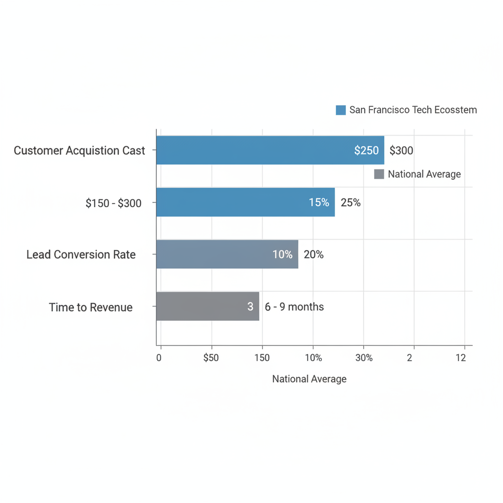 Horizontal bar chart comparing Customer Acquisition Cost, Lead Conversion Rate, and Time to Revenue for B2B SaaS in San Francisco versus national averages