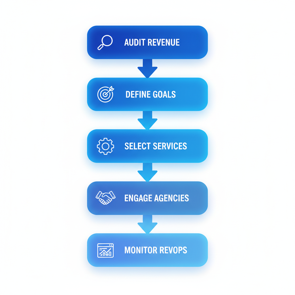 Vertical process flow diagram illustrating five steps to launch B2B SaaS marketing initiative in San Francisco: audit, define goals, select services, engage agencies, and monitor with RevOps tools.
