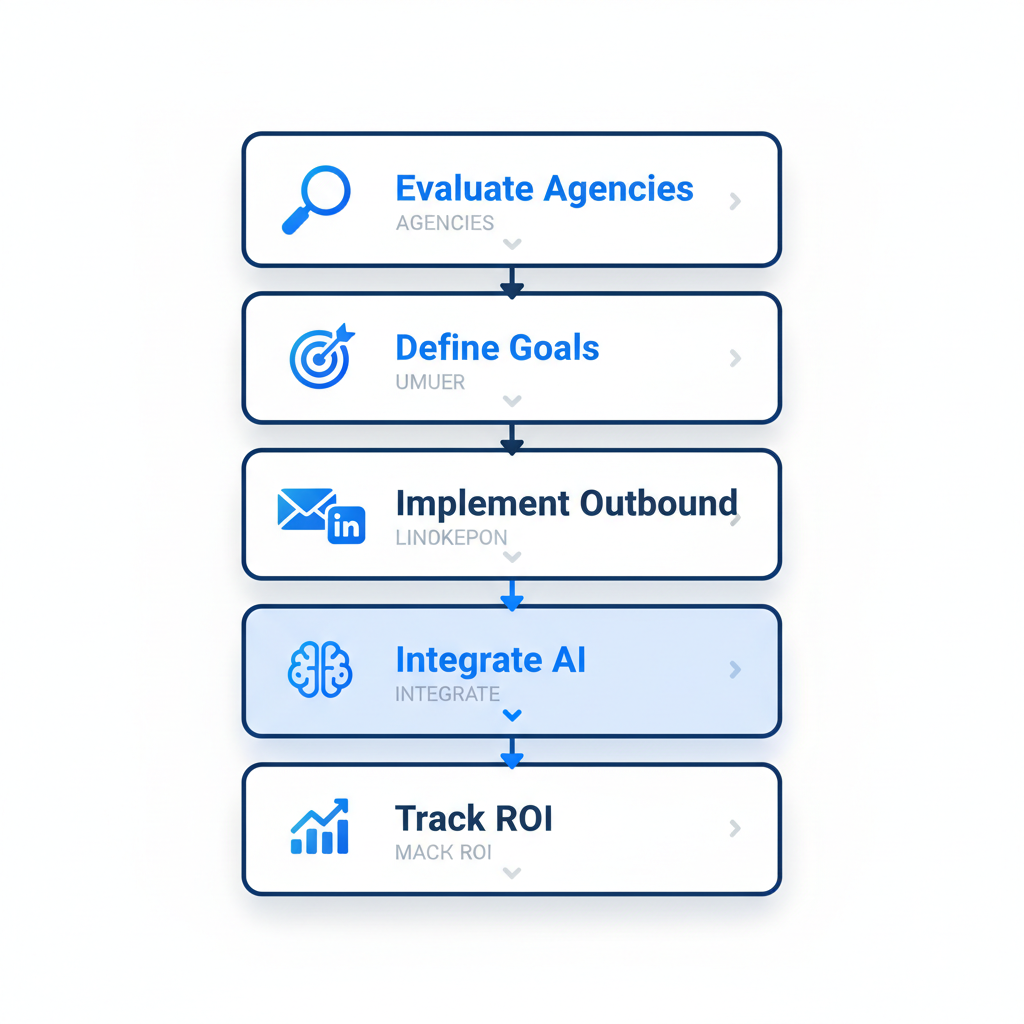 Vertical process flow diagram illustrating five steps to launch B2B SaaS lead generation efforts with icons and arrows.