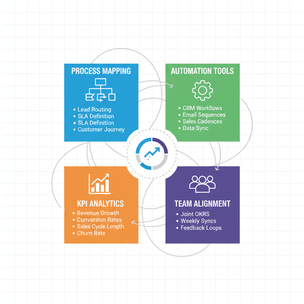 Infographic depicting RevOps infrastructure components: central dashboard with quadrants for process mapping, automation, analytics, and team alignment using icons and bullet points.
