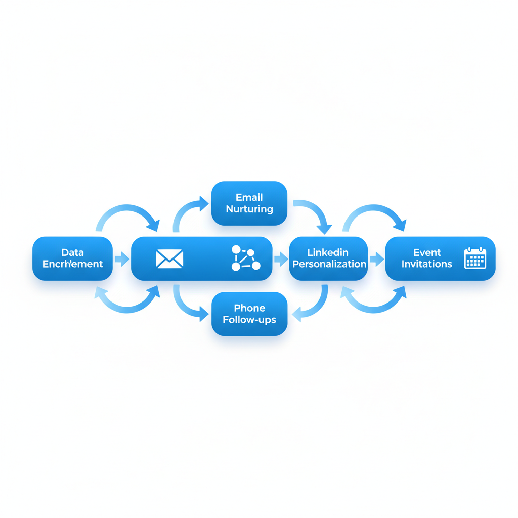Horizontal process flow diagram illustrating multi-channel outbound campaigns starting with data enrichment branching to email, LinkedIn, phone, and event channels for B2B SaaS.