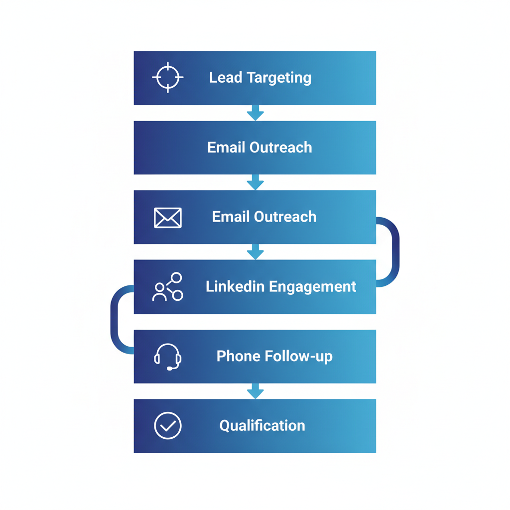 Process flow diagram illustrating multi-channel outbound mastery for B2B SaaS revenue generation