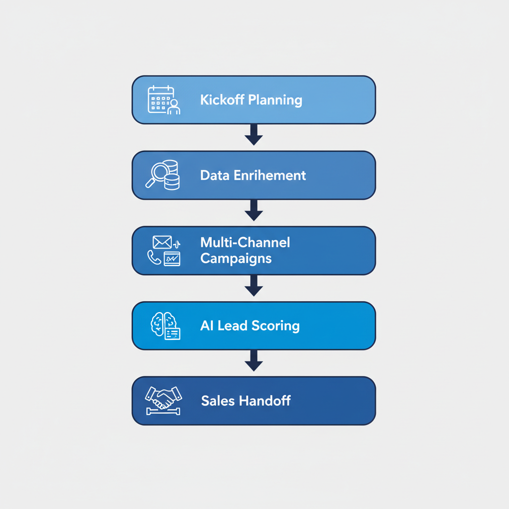 Vertical process flow diagram illustrating five stages of B2B SaaS growth strategies with icons and arrows.