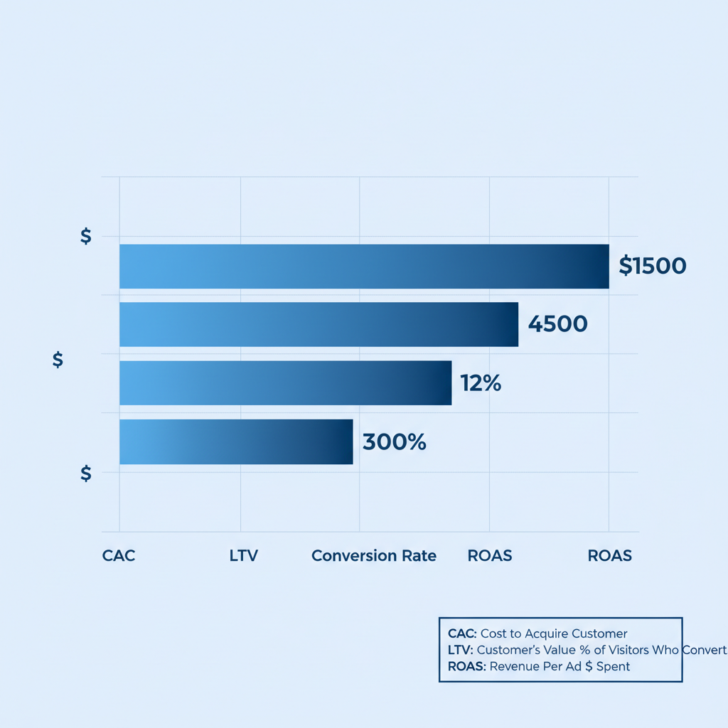 Horizontal bar chart showing B2B SaaS marketing ROI metrics including CAC, LTV, conversion rate, and ROAS.