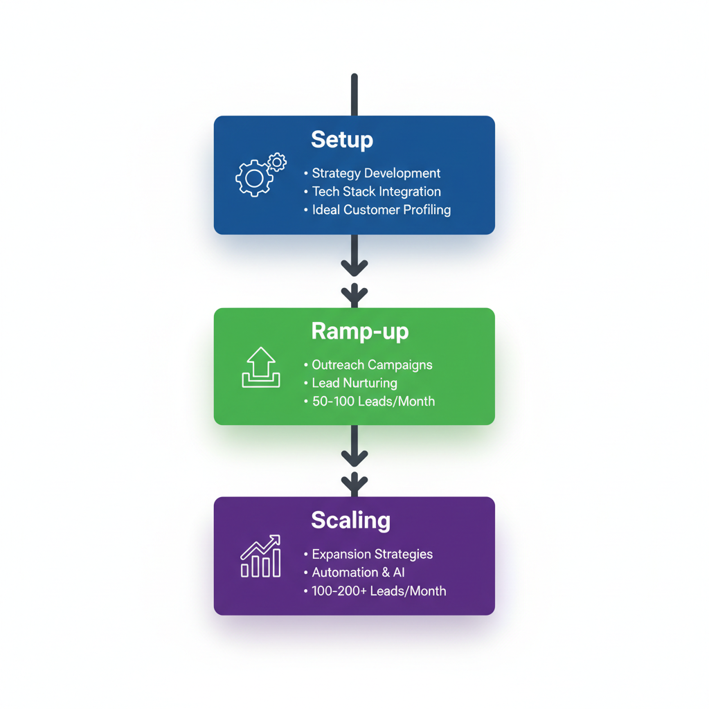 Vertical timeline illustrating B2B SaaS lead generation phases: Setup, Ramp-up, and Scaling with icons and milestones.