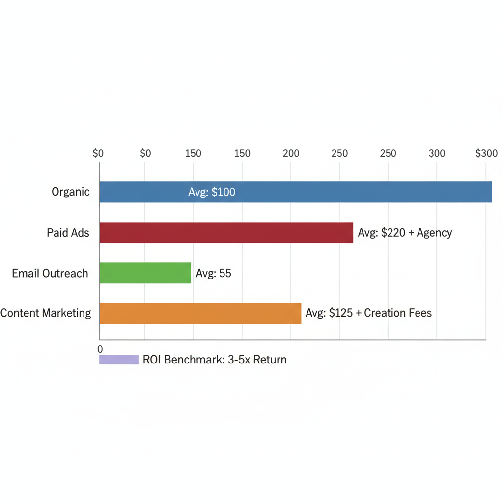 Horizontal bar chart illustrating B2B SaaS lead generation costs across channels including organic, paid ads, email outreach, and content marketing with ROI benchmark.