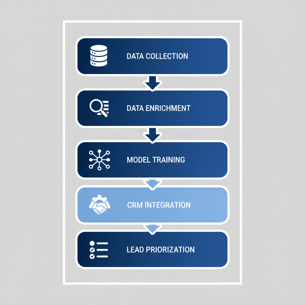 Vertical process flow diagram showing five steps in AI-powered lead scoring for B2B SaaS: data collection, enrichment, model training, CRM integration, and lead prioritization.