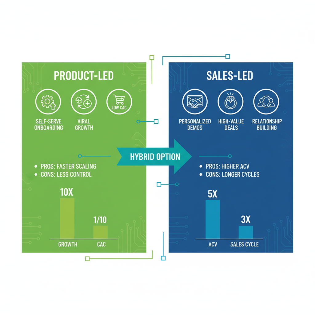 Infographic comparing product-led and sales-led go-to-market strategies for B2B SaaS with icons, pros, cons, and metrics