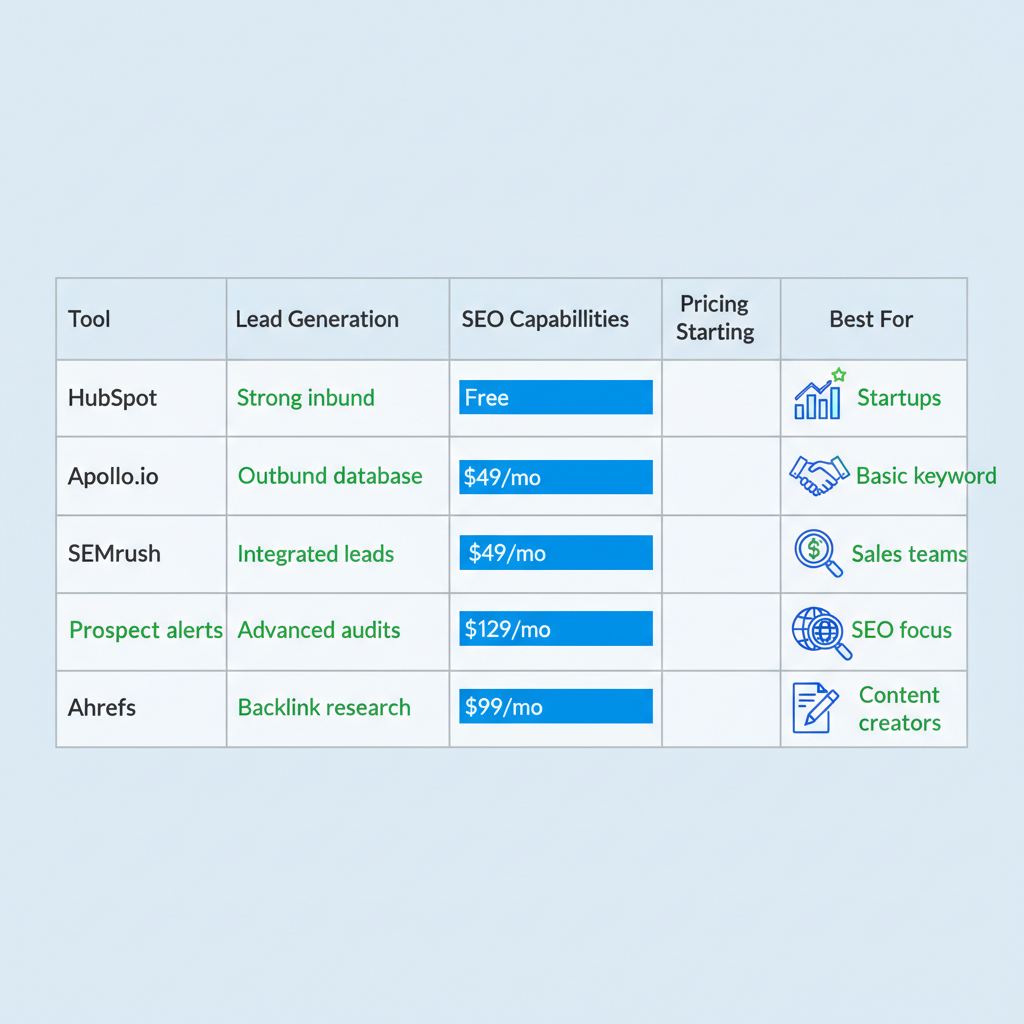 Horizontal comparison chart of top B2B SaaS marketing tools including HubSpot, Apollo.io, SEMrush, and Ahrefs, showing lead generation, SEO capabilities, pricing, and best uses.