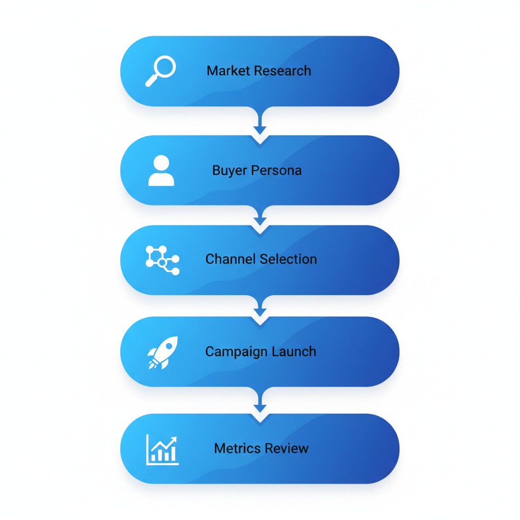 Vertical process flow diagram illustrating five steps in developing a SaaS go-to-market plan with icons and labels.