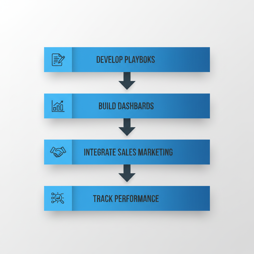 Vertical process flow diagram illustrating four stages of RevOps alignment: Develop Playbooks, Build Dashboards, Integrate Sales and Marketing, Track Performance.