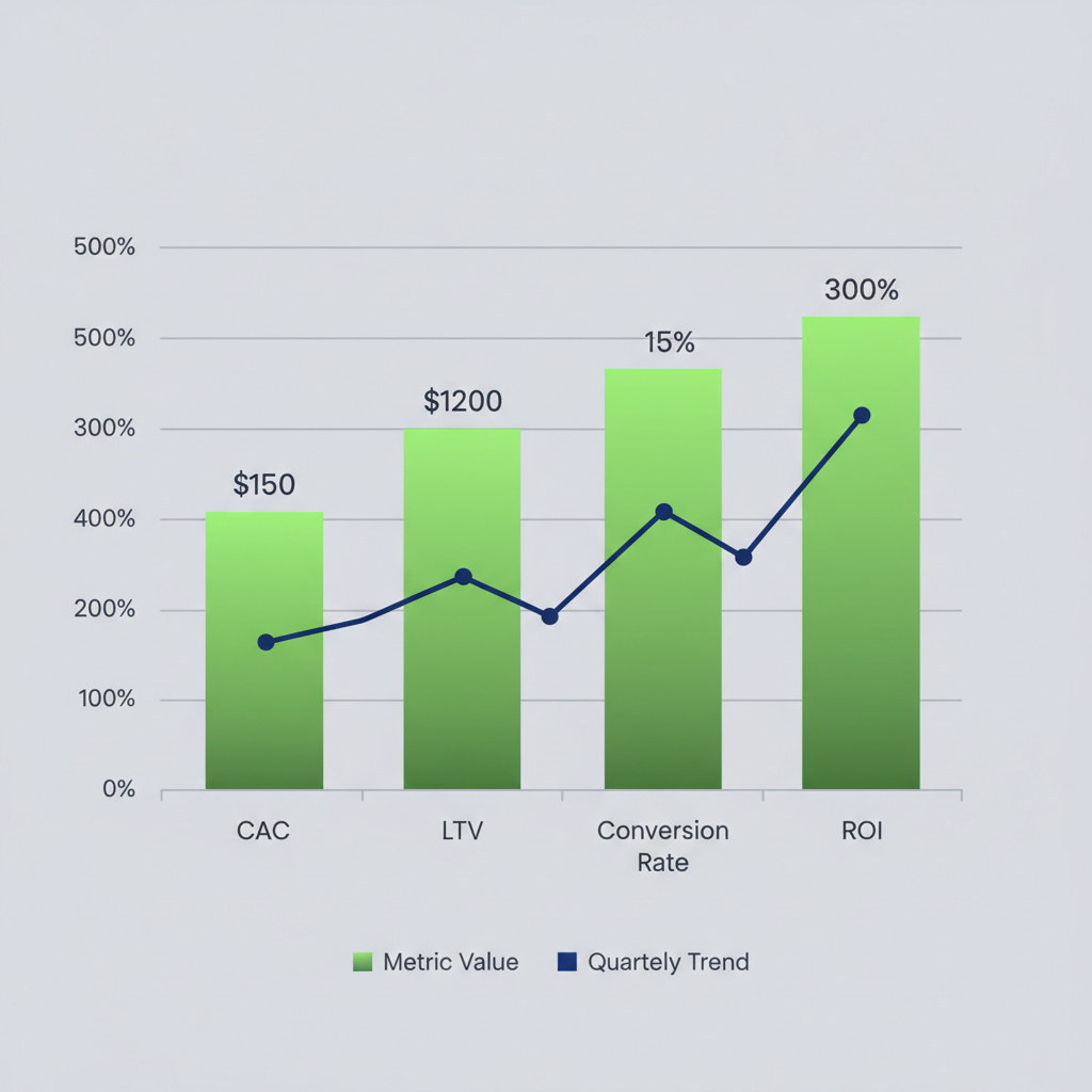 Bar chart illustrating B2B SaaS ROI metrics: CAC, LTV, conversion rate, and ROI with quarterly trend line.