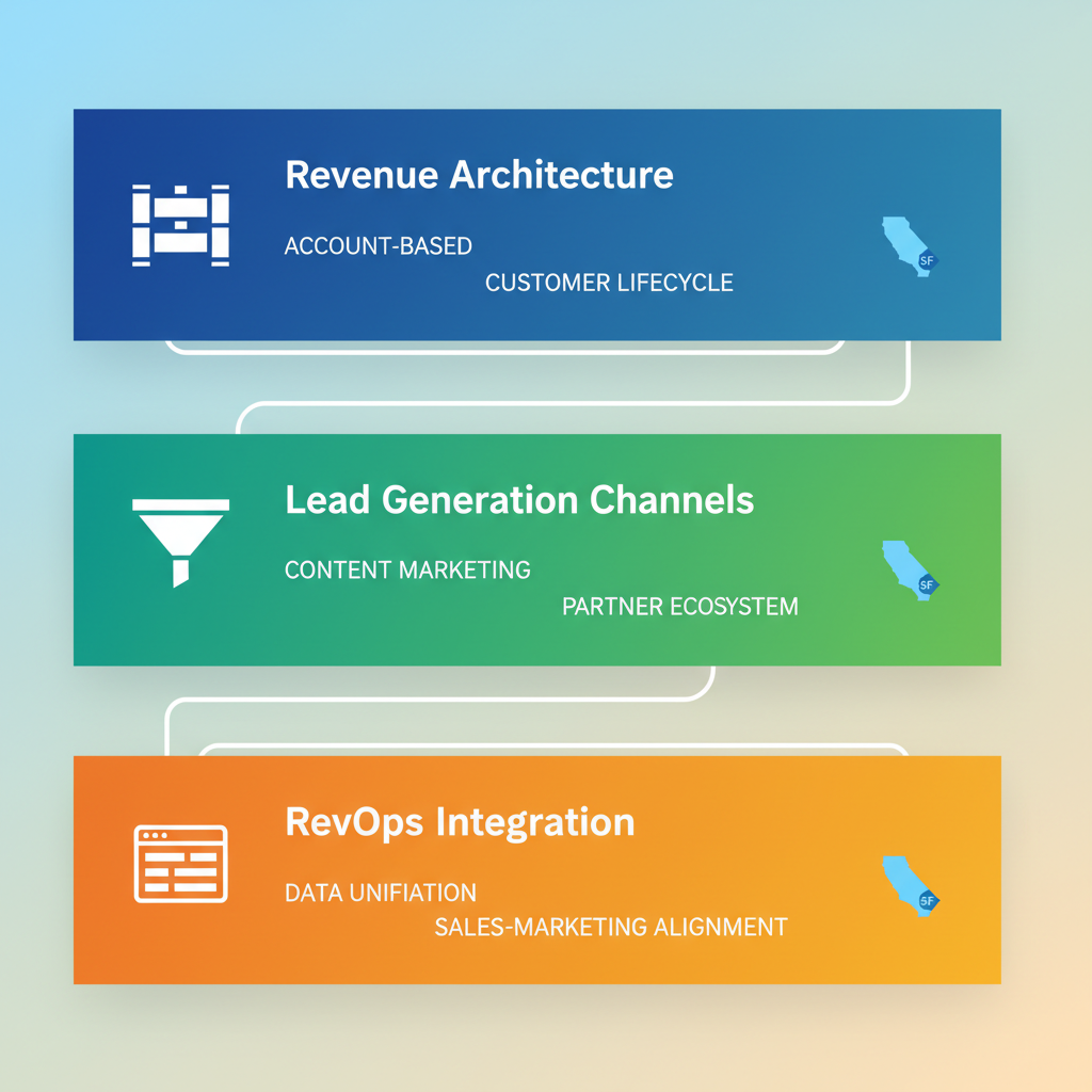Infographic depicting three core GTM strategy sections: revenue architecture, lead generation channels, and RevOps integration for San Francisco B2B market.
