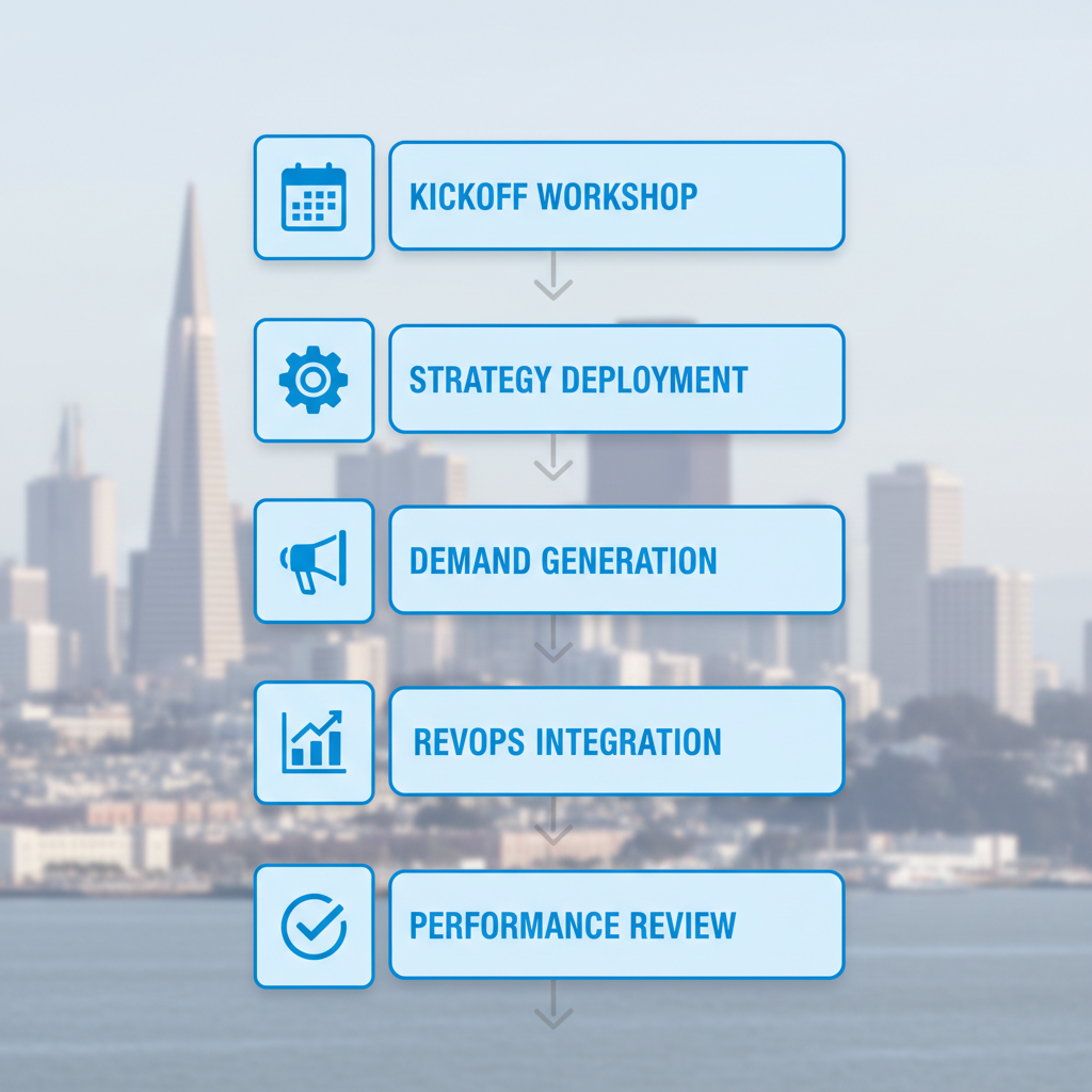 Vertical process flow diagram showing five stages of GTM strategy implementation for B2B tech firms in San Francisco with icons and subtle skyline background.