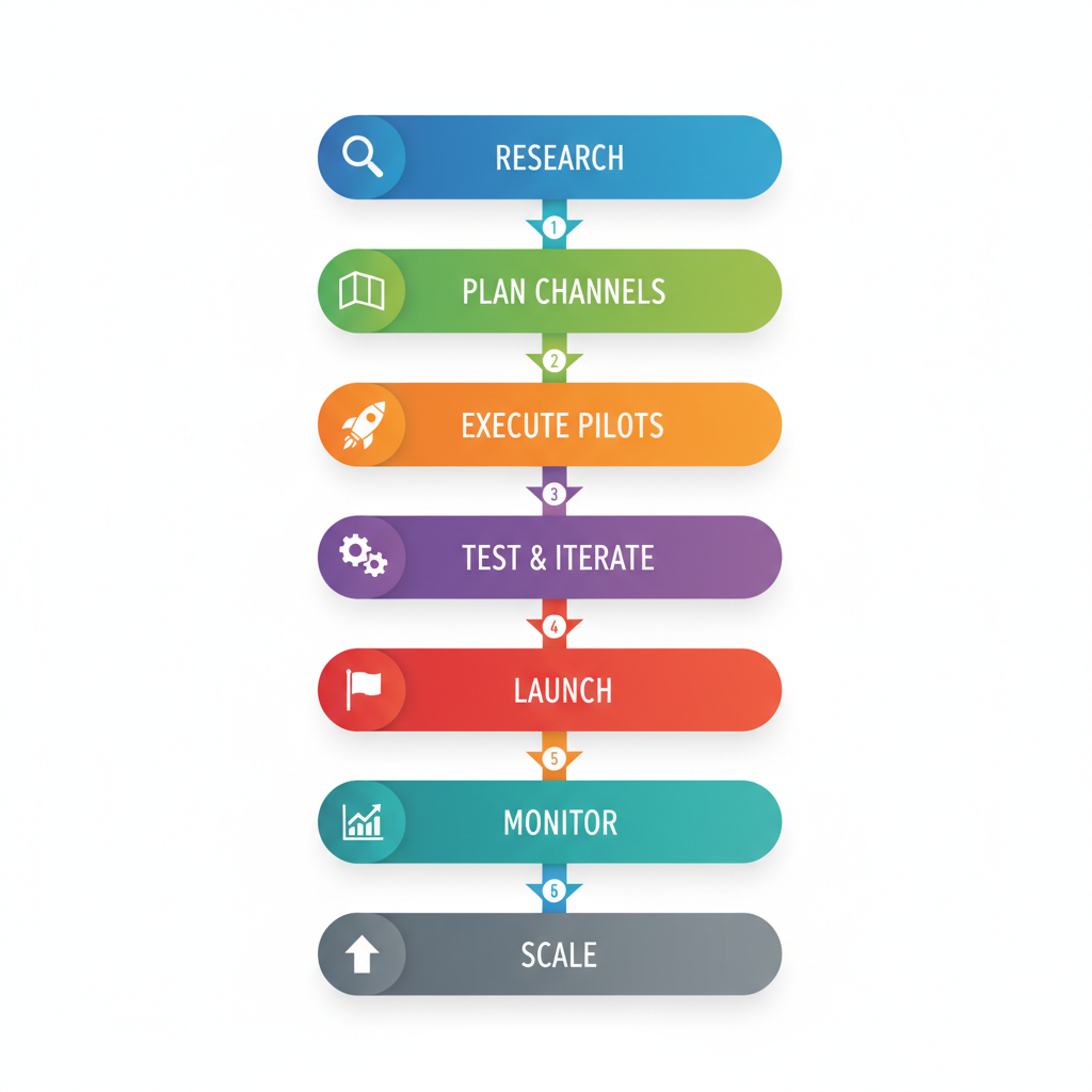 Diagram illustrating seven sequential steps in building a B2B go-to-market strategy with icons and color-coded stages