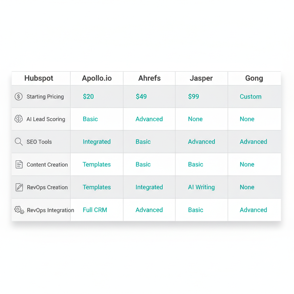 Infographic comparing essential features and pricing of HubSpot, Apollo.io, Ahrefs, Jasper, and Gong for B2B SaaS marketing