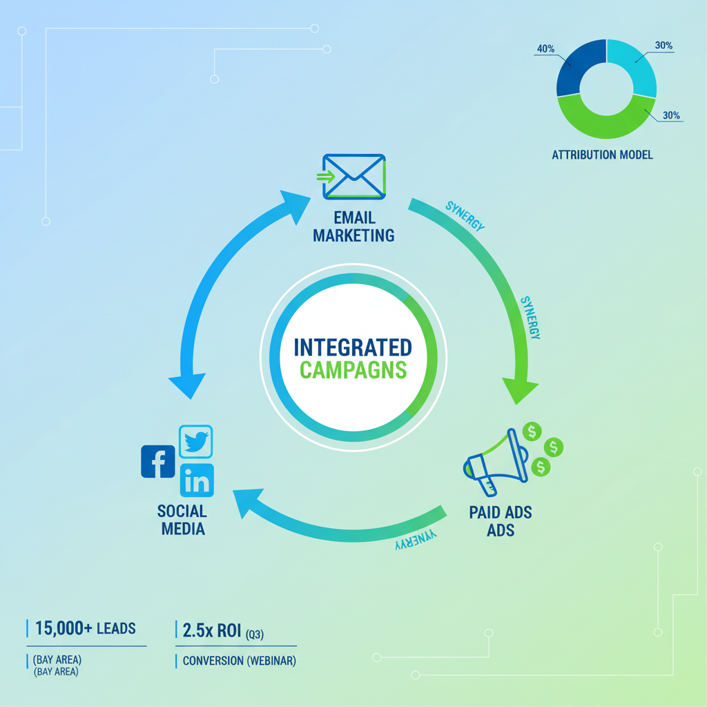 Infographic showing multi-channel demand generation tactics with central hub, channel icons, synergy arrows, pie chart, and Bay Area stats.