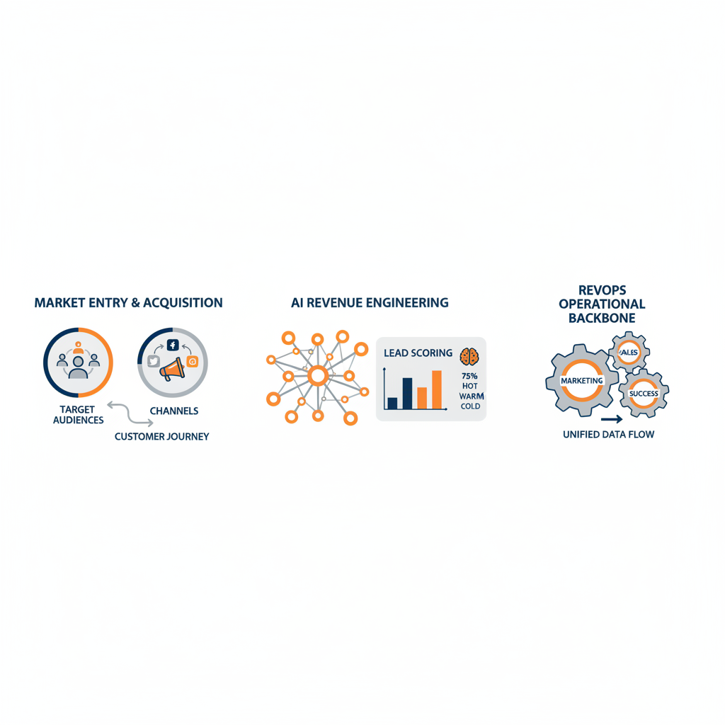 Infographic showing three core components of go-to-market strategies: market entry, AI revenue engineering, and RevOps infrastructure.
