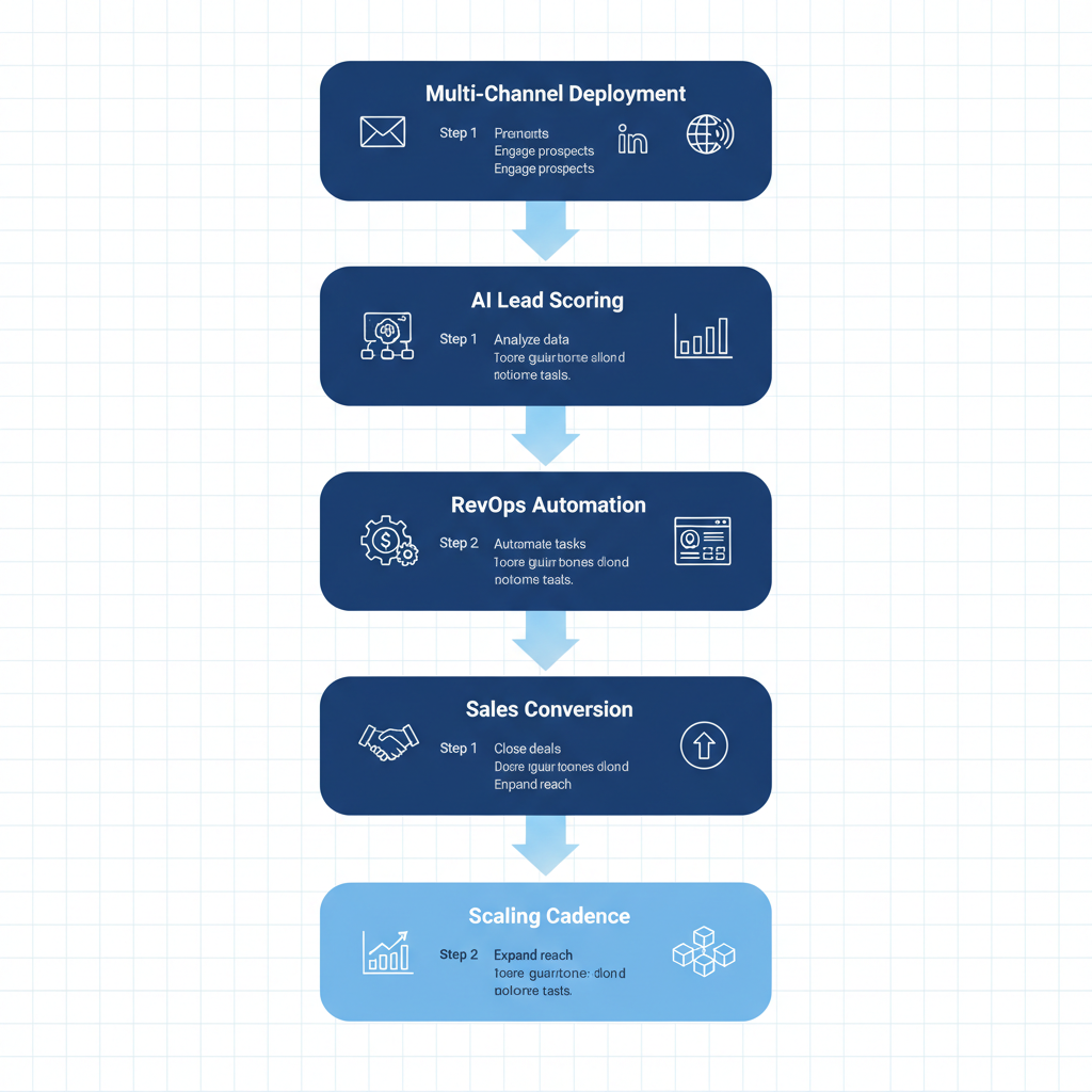 Vertical process flow diagram illustrating GTM strategies operations in Silicon Valley with five connected stages and tech icons