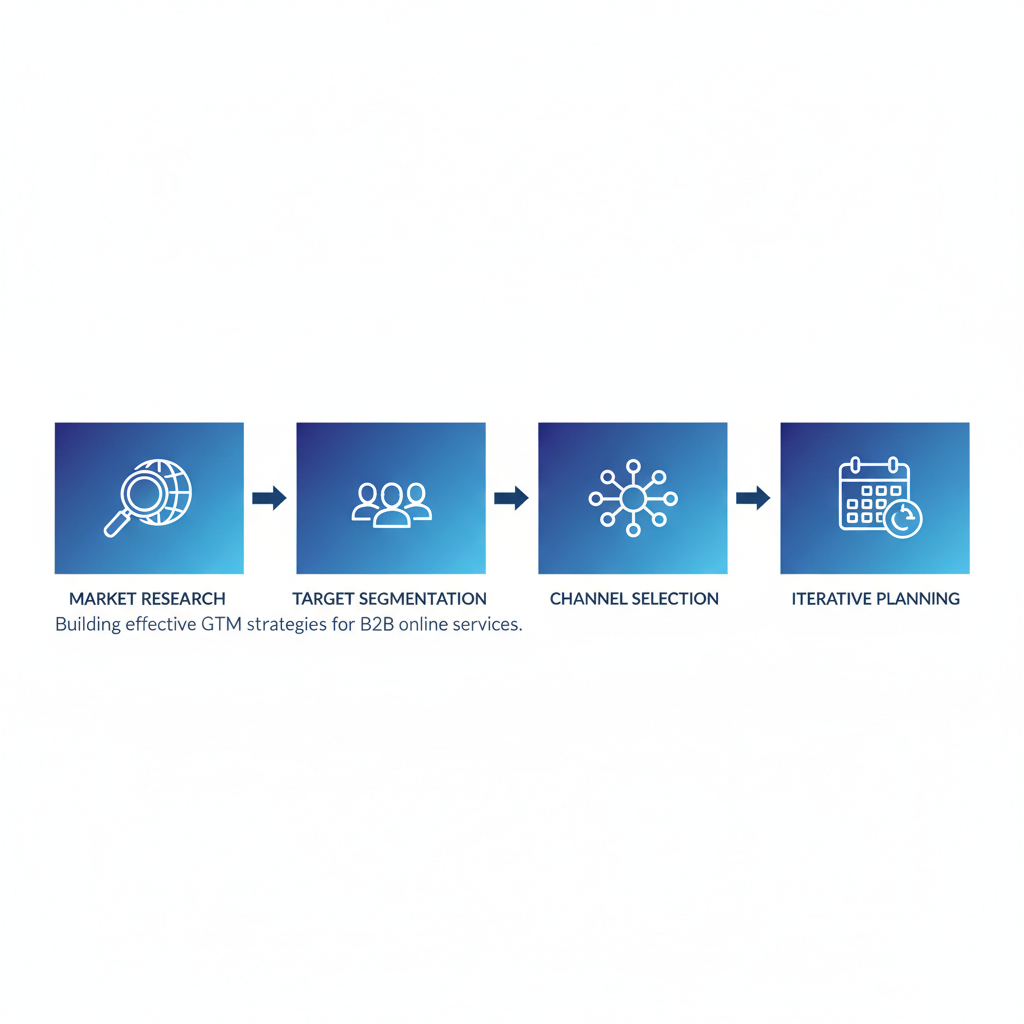 Horizontal process flow illustrating four key stages in building GTM strategies: market research, target segmentation, channel selection, and iterative planning with icons and arrows.