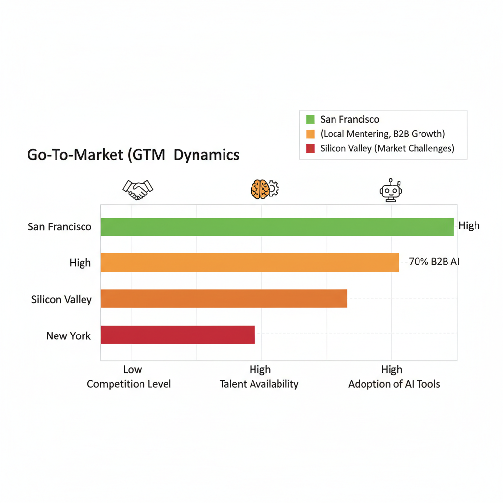 Horizontal bar chart comparing GTM market dynamics in San Francisco, Silicon Valley, and New York across competition, talent, and AI adoption.