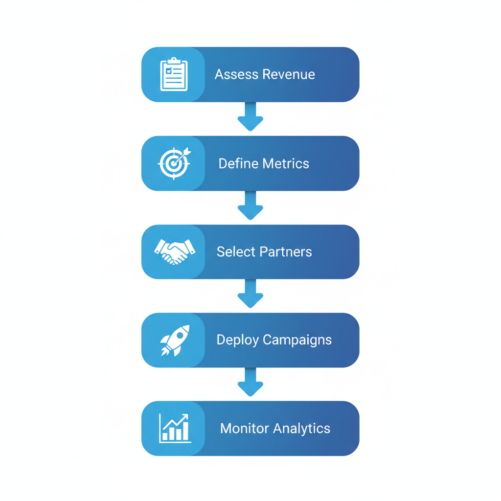 Vertical process flow diagram illustrating five sequential steps to launch a GTM strategy with icons and labels