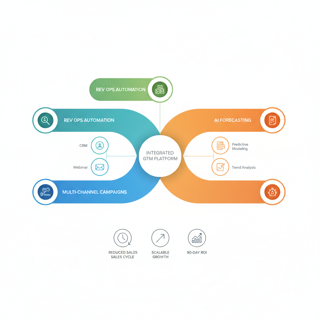 Infographic showing interconnected GTM elements and key revenue predictability benefits for B2B services