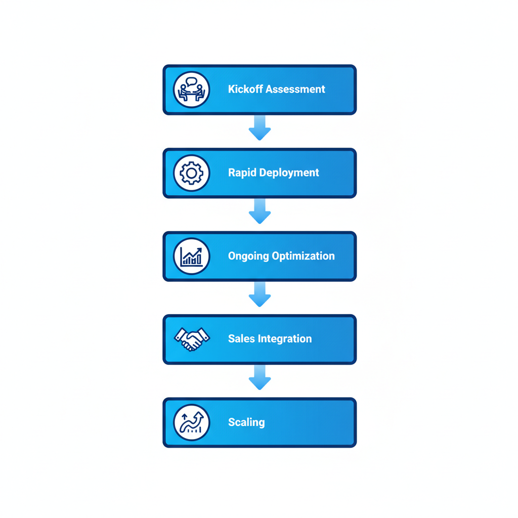 Vertical process flow diagram illustrating five key steps: kickoff assessment, rapid deployment, ongoing optimization, sales integration, and scaling for GTM strategy implementation with icons and blue gradient arrows