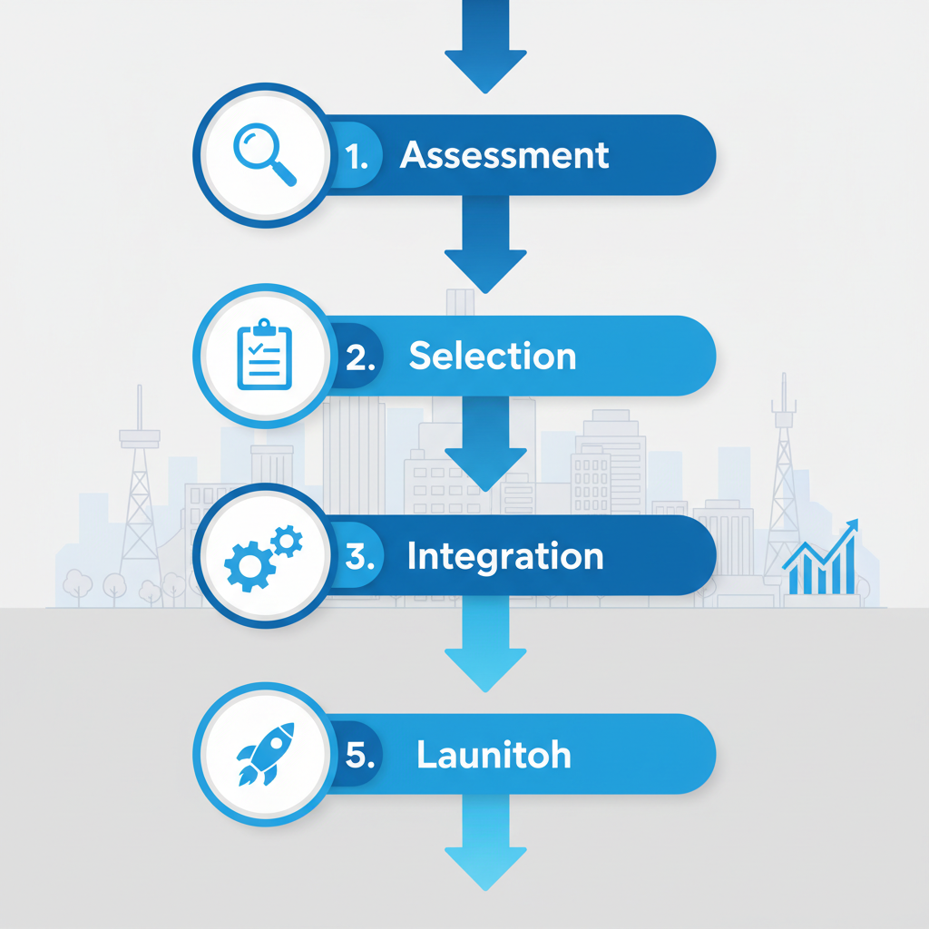 Vertical process flow diagram showing five steps for implementing GTM solutions with icons and arrows.