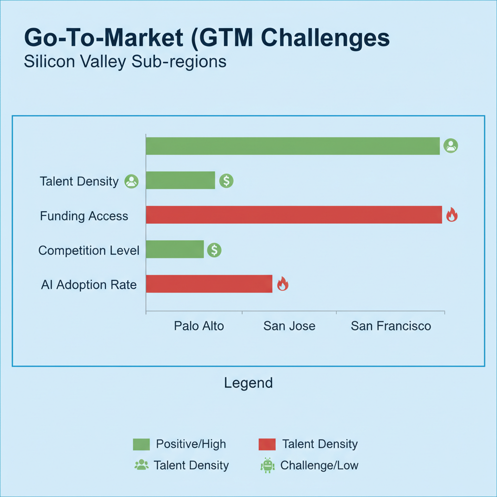 Horizontal bar chart comparing GTM challenges across Palo Alto, San Jose, and San Francisco with metrics on talent, funding, competition, and AI adoption.