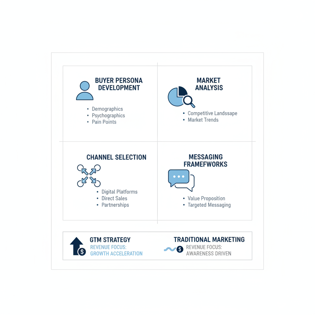Infographic illustrating key elements of go-to-market strategy for B2B services including buyer personas, market analysis, channel selection, messaging, and comparison to traditional marketing.