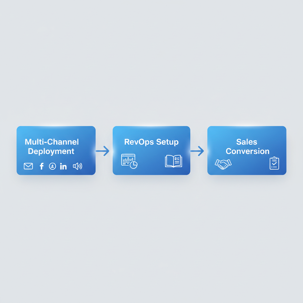 Horizontal process flow diagram illustrating three key stages in implementing GTM systems for B2B services: multi-channel campaign deployment, RevOps infrastructure setup, and sales conversion processes.