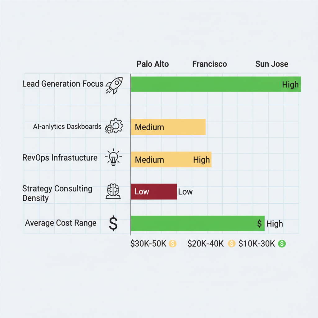 Infographic comparing GTM services across Silicon Valley regions with color-coded horizontal bars and category icons